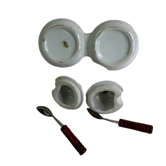 Double Condiment Cup Ceramic Jelly Jam Relish Server with Spoons - Picture 7 of 8